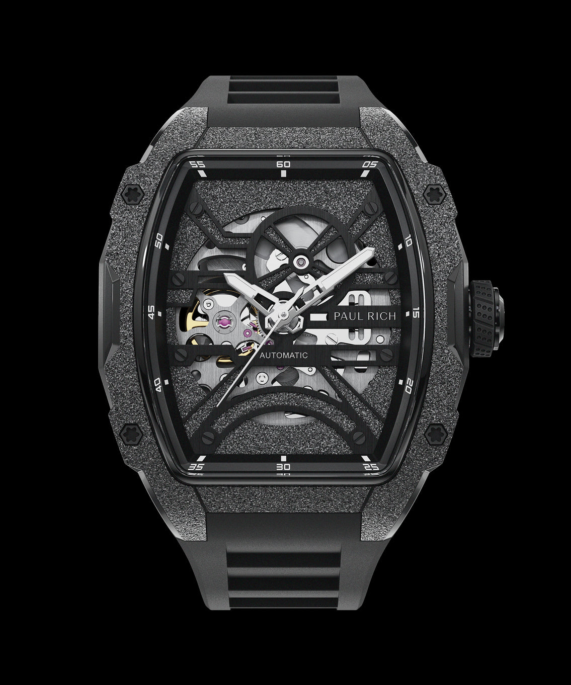 Paul Rich watch with frosted black tonneau case, silver skeleton dial, white hands, and black rubber strap, shown on transparent background. Paul Rich watch with frosted black tonneau case, silver skeleton dial, white hands, and black rubber strap, shown on transparent background.