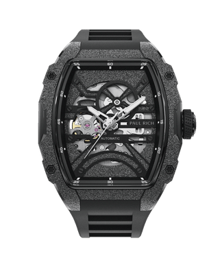 Astro Skeleton Galaxy Black Paul Rich watch with frosted black tonneau case, silver skeleton dial, white hands, and black rubber strap, shown on transparent background.