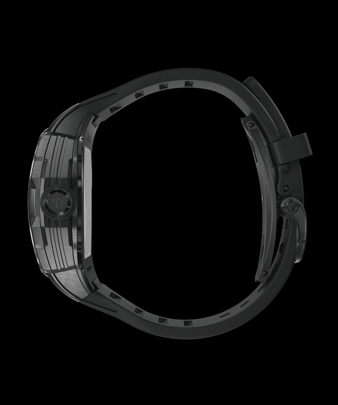 Side view of Paul Rich watch with brushed black case, black PR monogram crown, and black rubber strap, shown on transparent background. Side view of Paul Rich watch with brushed black case, black PR monogram crown, and black rubber strap, shown on transparent background.