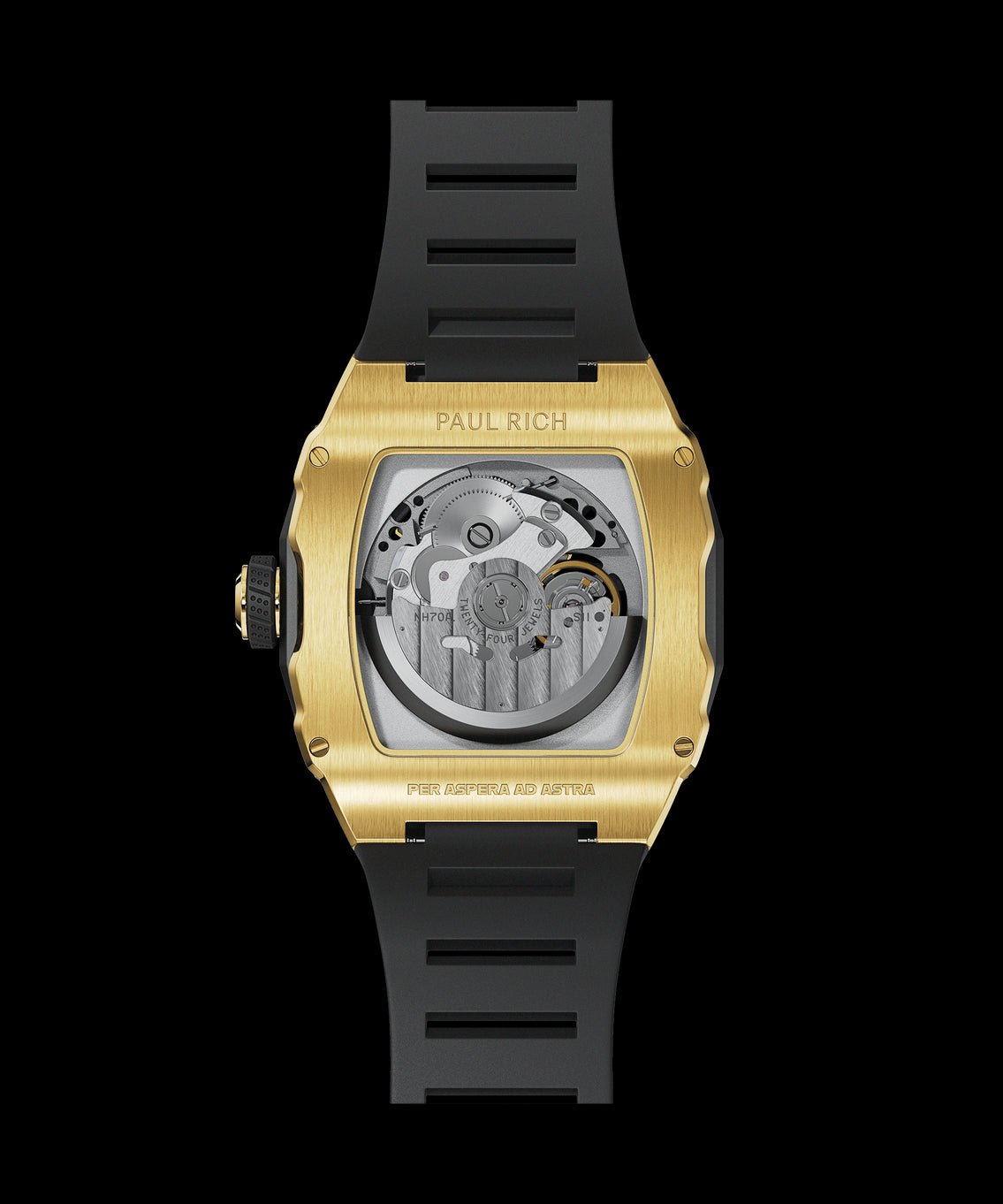 Back view of a gold tonneau-shaped wristwatch with visible automatic movement, brushed gold case, black rubber strap, and “Per Aspera Ad Astra” engraved. Back view of a gold tonneau-shaped wristwatch with visible automatic movement, brushed gold case, black rubber strap, and “Per Aspera Ad Astra” engraved.