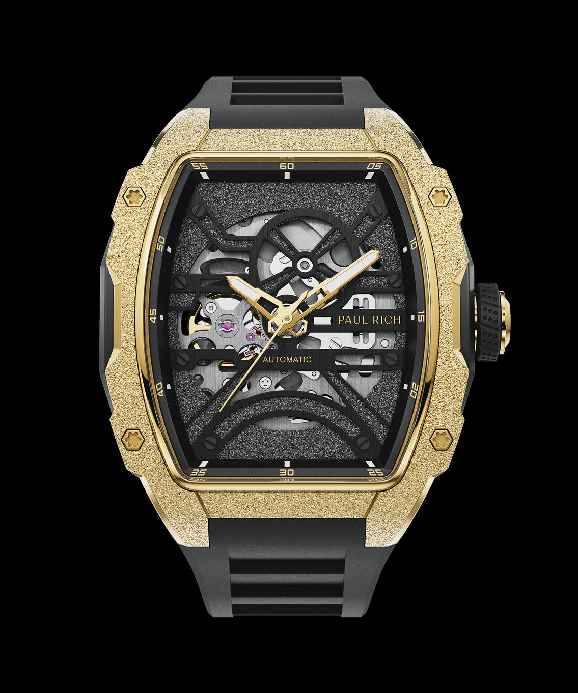 Paul Rich watch with frosted gold tonneau case, skeleton dial, gold hands, and black rubber strap, shown on transparent background. Paul Rich watch with frosted gold tonneau case, skeleton dial, gold hands, and black rubber strap, shown on transparent background.