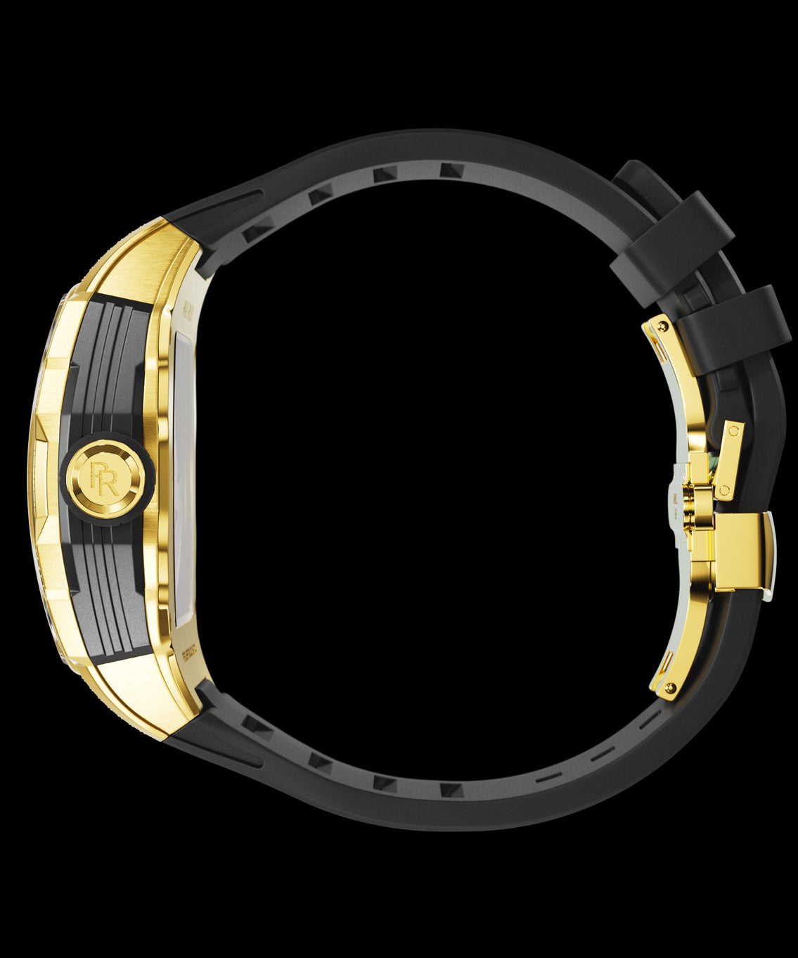 Side view of a gold tonneau-shaped wristwatch with engraved crown, brushed case sides, and curved black rubber strap shown on a transparent background. Side view of a gold tonneau-shaped wristwatch with engraved crown, brushed case sides, and curved black rubber strap shown on a transparent background.