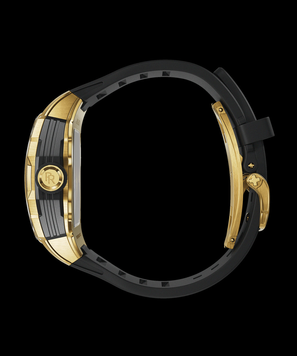Side view of Paul Rich watch with polished gold and black case, PR monogram crown, and black rubber strap, shown on transparent background. Side view of Paul Rich watch with polished gold and black case, PR monogram crown, and black rubber strap, shown on transparent background.