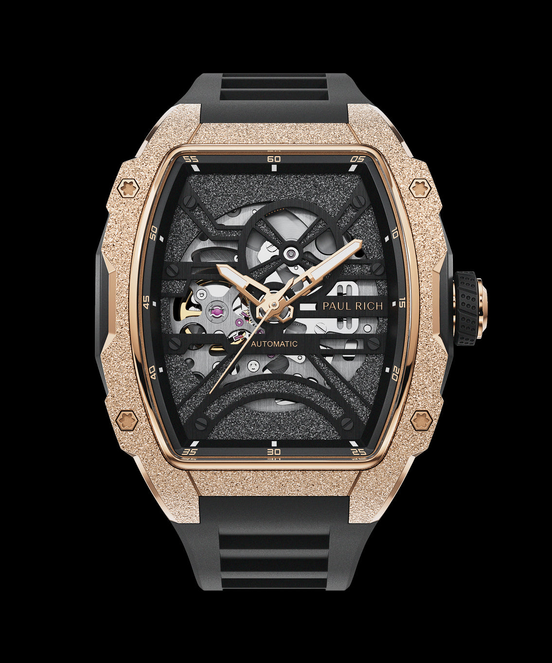 Paul Rich watch with frosted rose gold tonneau case, skeleton dial, and black rubber strap, displayed on transparent background. Paul Rich watch with frosted rose gold tonneau case, skeleton dial, and black rubber strap, displayed on transparent background.
