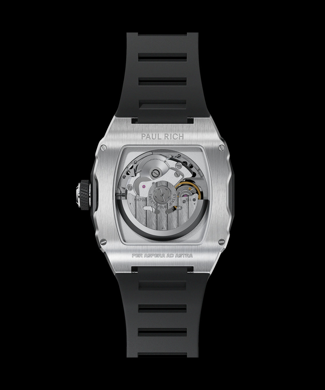 Back view of a tonneau-shaped wristwatch with a visible automatic movement, brushed steel case, black rubber strap, and “Per Aspera Ad Astra” engraved. Back view of a tonneau-shaped wristwatch with a visible automatic movement, brushed steel case, black rubber strap, and “Per Aspera Ad Astra” engraved.