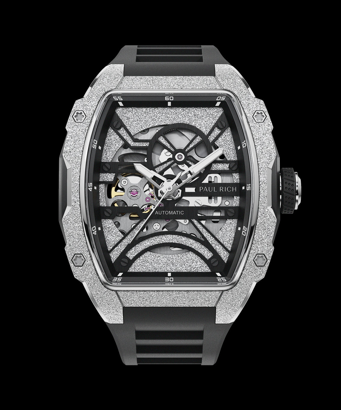 A close-up of the Paul Rich Group LLC Astro Skeleton Abyss Silver watch, featuring a textured silver-toned case, transparent skeleton dial revealing inner workings, and black strap set against a black backdrop. A close-up of the Paul Rich Group LLC Astro Skeleton Abyss Silver watch, featuring a textured silver-toned case, transparent skeleton dial revealing inner workings, and black strap set against a black backdrop.