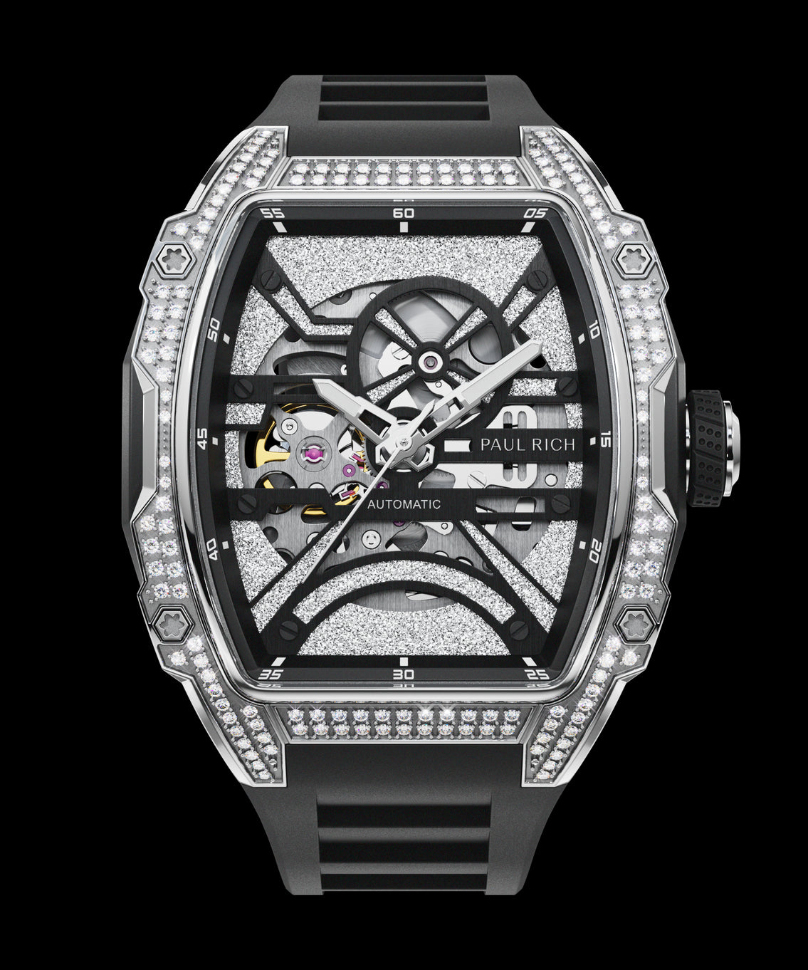 Black tonneau-shaped wristwatch with a skeleton dial, crystal-set bezel, textured metallic surfaces, and a black rubber strap shown on a transparent background. Black tonneau-shaped wristwatch with a skeleton dial, crystal-set bezel, textured metallic surfaces, and a black rubber strap shown on a transparent background.