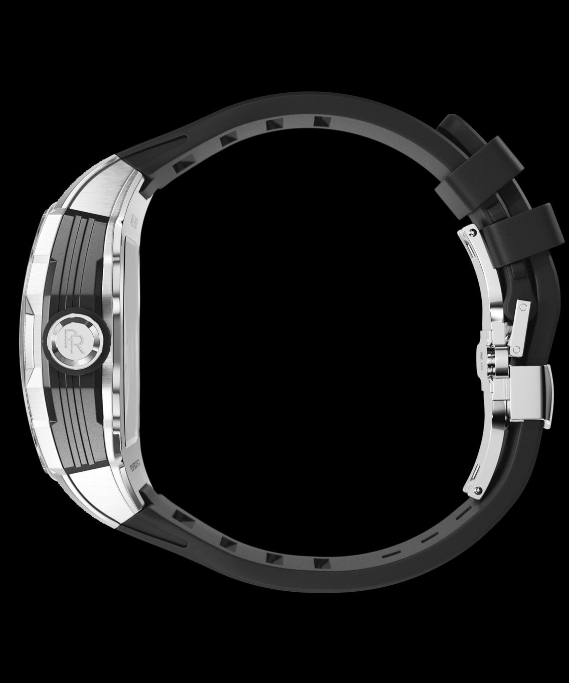 Side view of a tonneau-shaped wristwatch with engraved crown, brushed case sides, and curved black rubber strap shown on a transparent background. Side view of a tonneau-shaped wristwatch with engraved crown, brushed case sides, and curved black rubber strap shown on a transparent background.