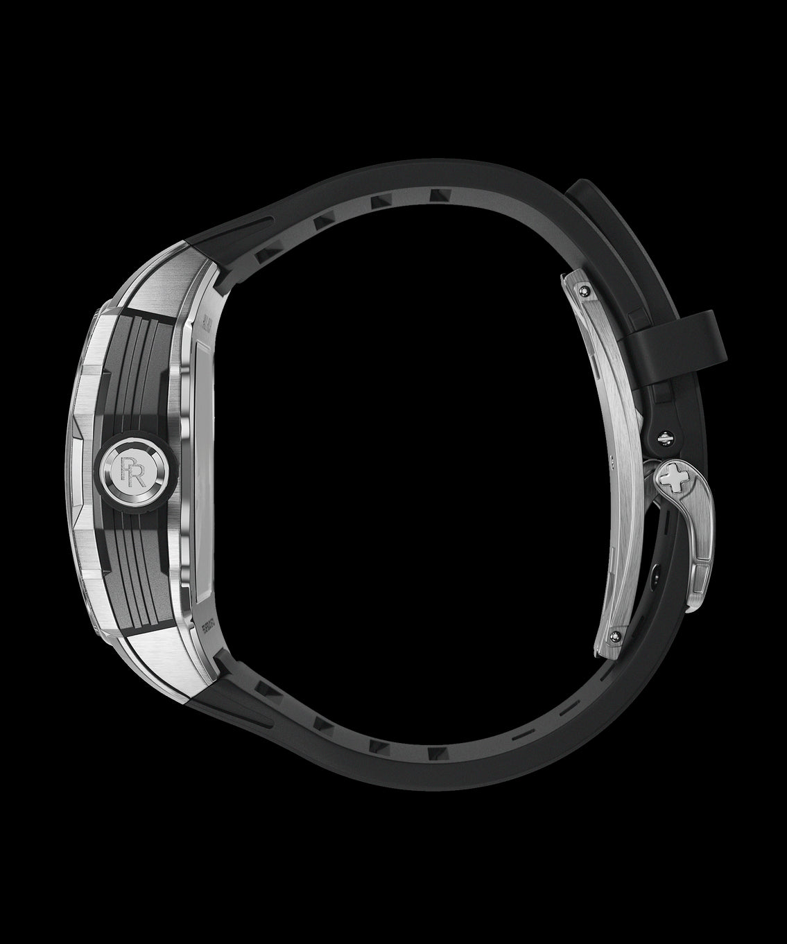 Side view of Paul Rich Astro with brushed silver case, black rubber strap, and engraved PR logo on the silver crown. Side view of Paul Rich Astro with brushed silver case, black rubber strap, and engraved PR logo on the silver crown.