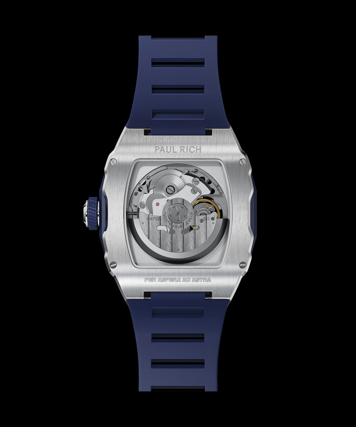Back view of Paul Rich watch with brushed silver case, visible automatic movement, and blue rubber strap, engraved with ‘Per Aspera Ad Astra.’ Back view of Paul Rich watch with brushed silver case, visible automatic movement, and blue rubber strap, engraved with ‘Per Aspera Ad Astra.’