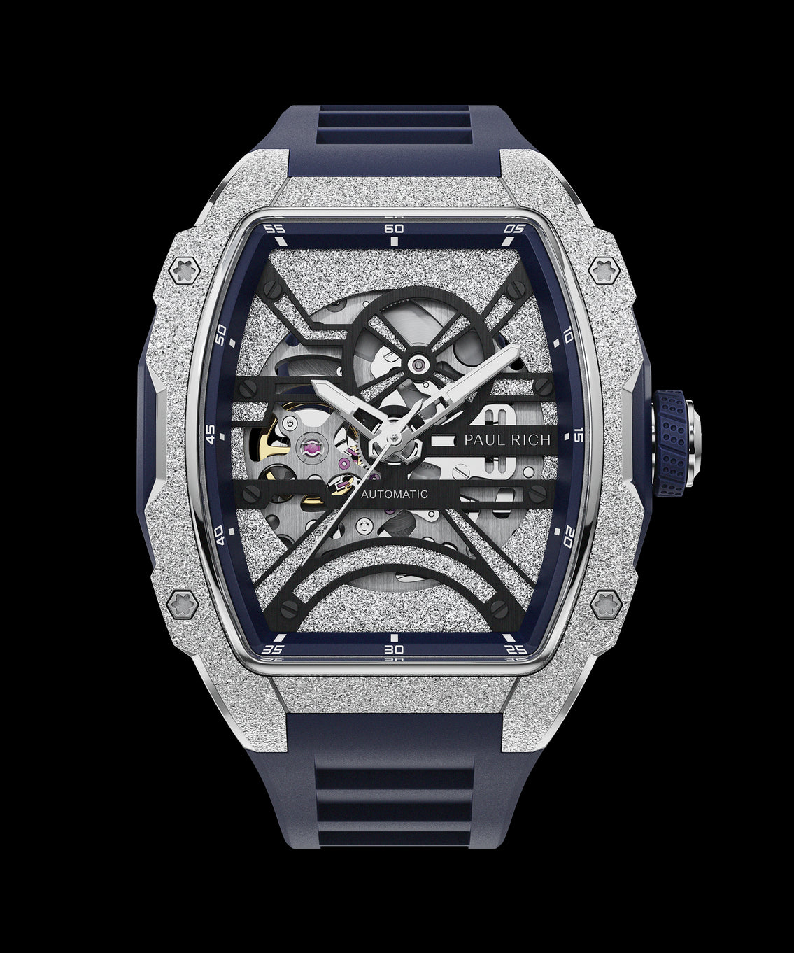 Paul Rich watch with frosted silver tonneau case, skeleton dial, white hands, and blue rubber strap, shown on transparent background. Paul Rich watch with frosted silver tonneau case, skeleton dial, white hands, and blue rubber strap, shown on transparent background.