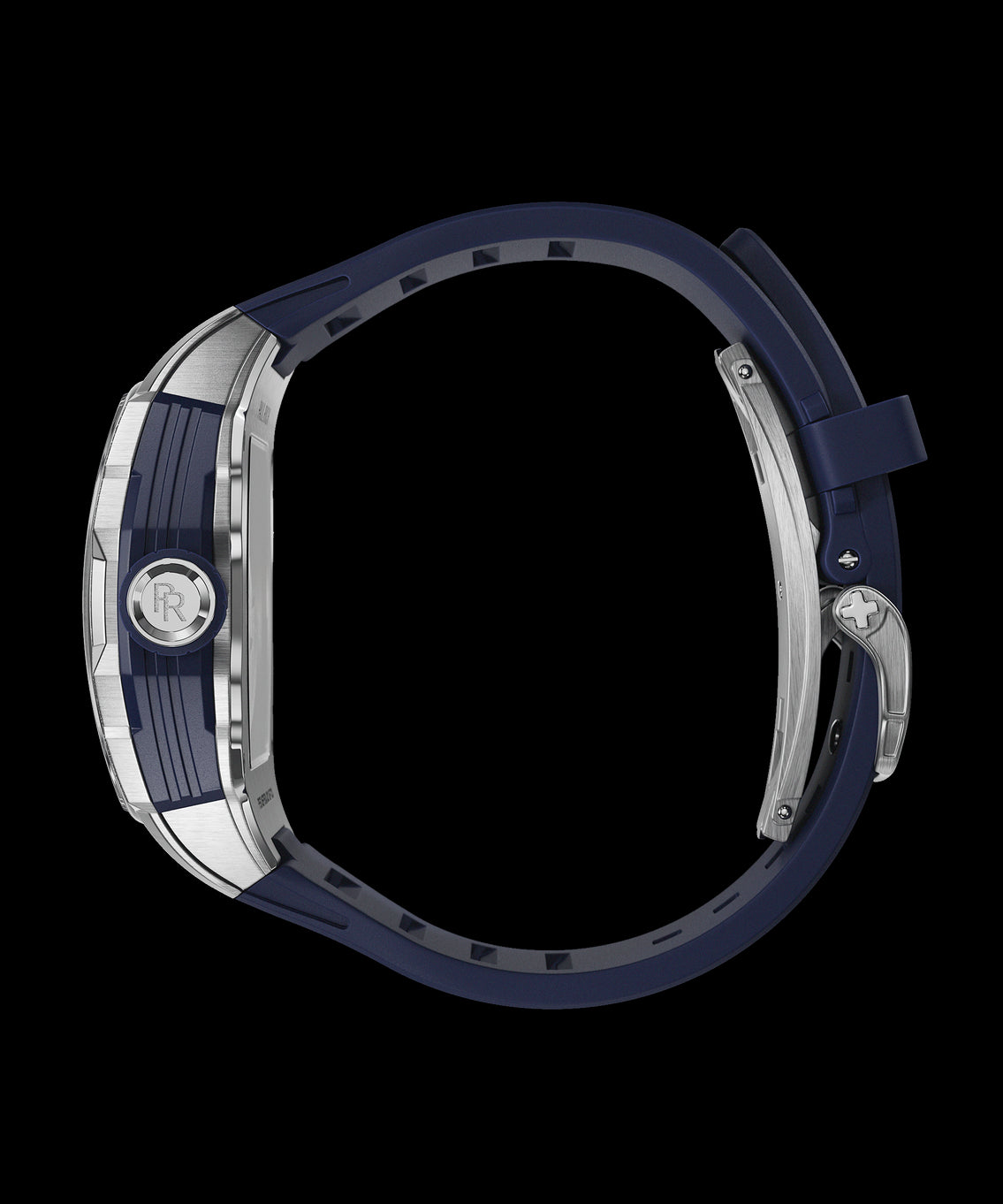 Side view of Paul Rich watch with brushed silver and blue case, PR monogram crown, and blue rubber strap, shown on transparent background. Side view of Paul Rich watch with brushed silver and blue case, PR monogram crown, and blue rubber strap, shown on transparent background.