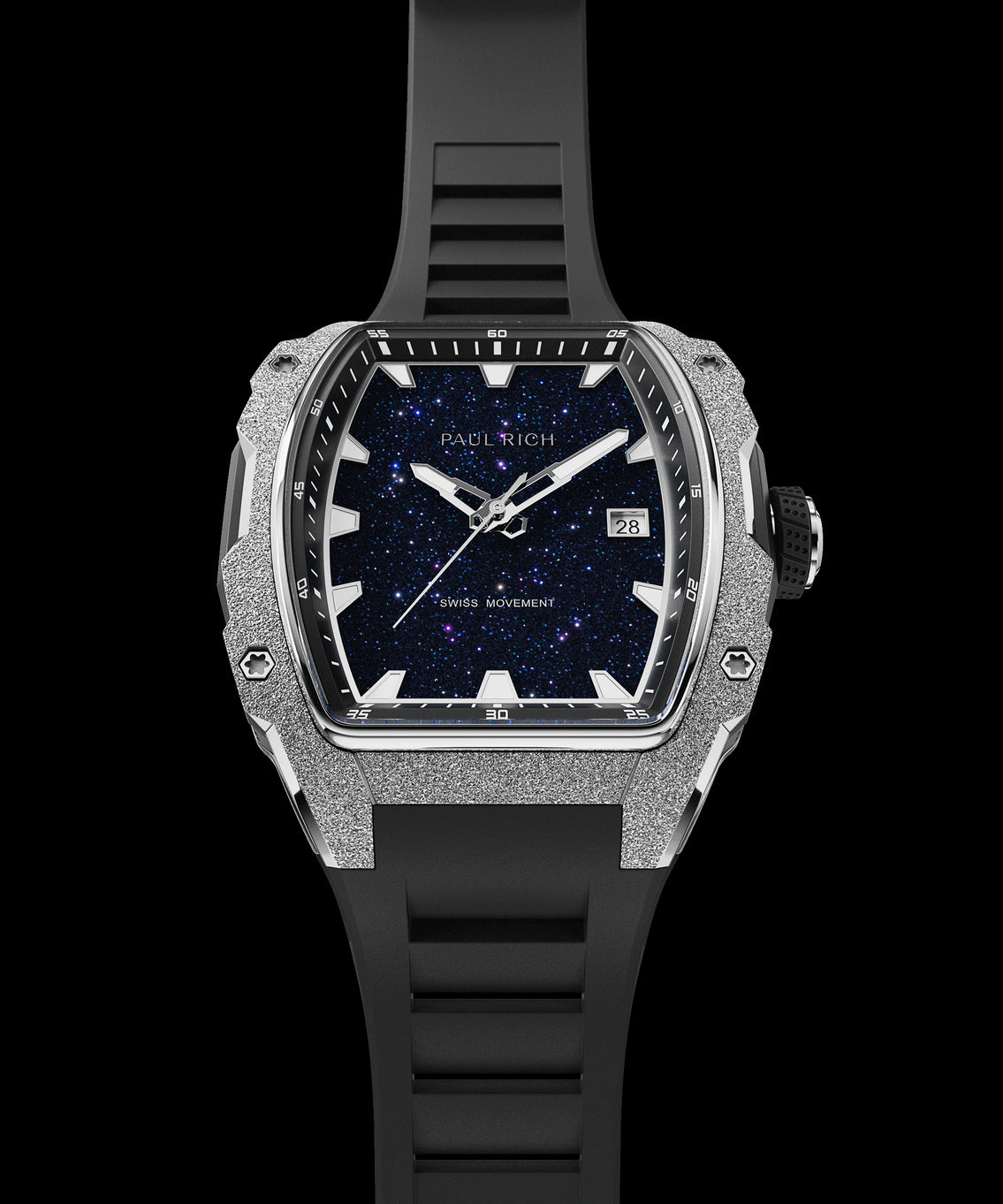 Paul Rich watch with tonneau case, frosted silver bezel, blue aventurine dial, date window, and black rubber strap, shown vertically. Paul Rich watch with tonneau case, frosted silver bezel, blue aventurine dial, date window, and black rubber strap, shown vertically.