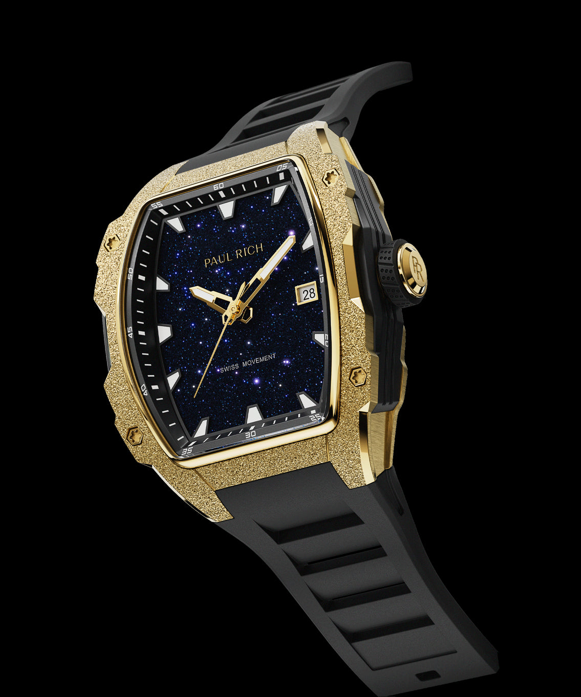 Angled view of Paul Rich watch with blue aventurine dial, gold frosted bezel, PR monogram crown, and black rubber strap. Angled view of Paul Rich watch with blue aventurine dial, gold frosted bezel, PR monogram crown, and black rubber strap.