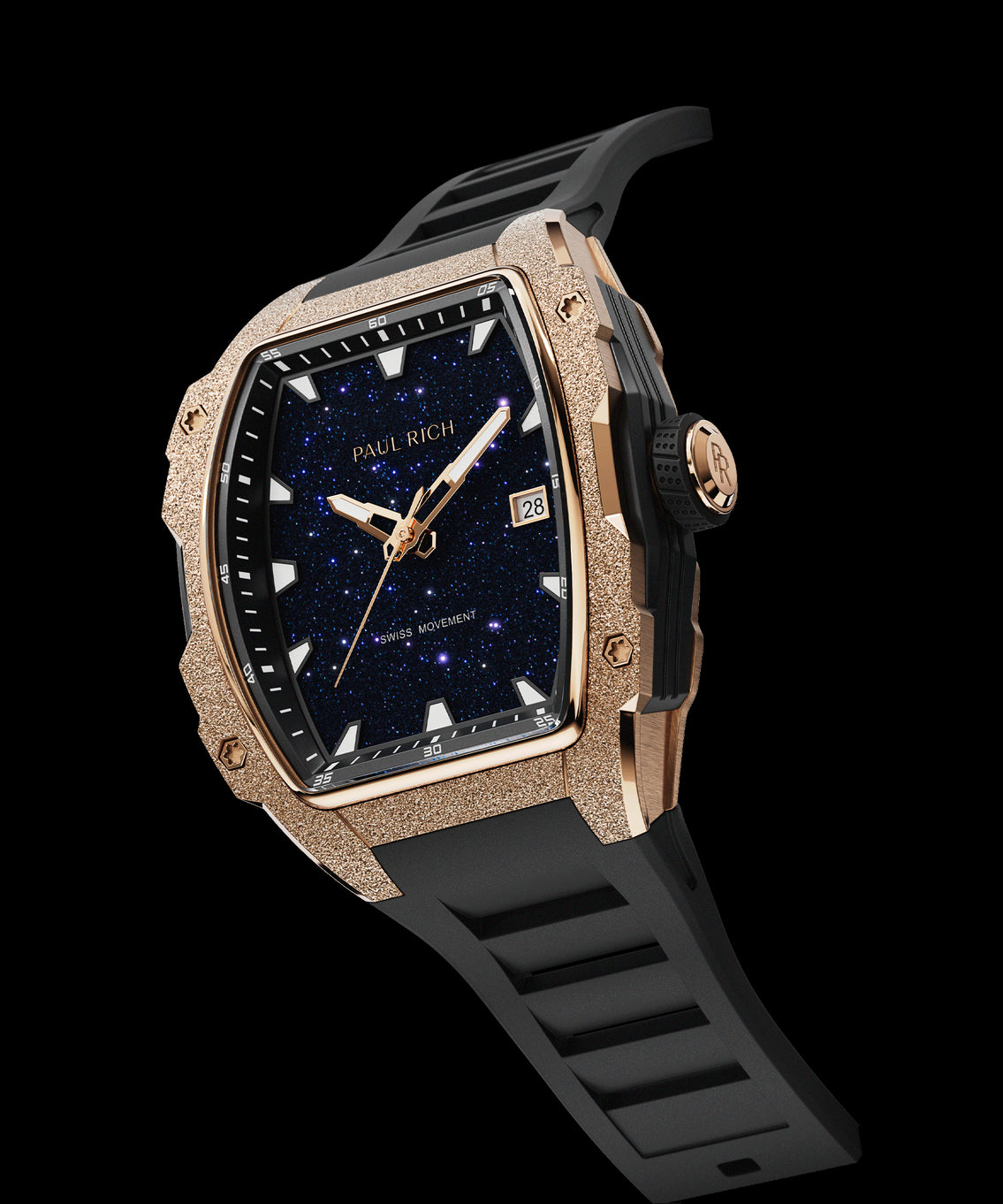 Angled view of Paul Rich watch with blue aventurine dial, rose gold frosted bezel, PR monogram crown, and black rubber strap. Angled view of Paul Rich watch with blue aventurine dial, rose gold frosted bezel, PR monogram crown, and black rubber strap.