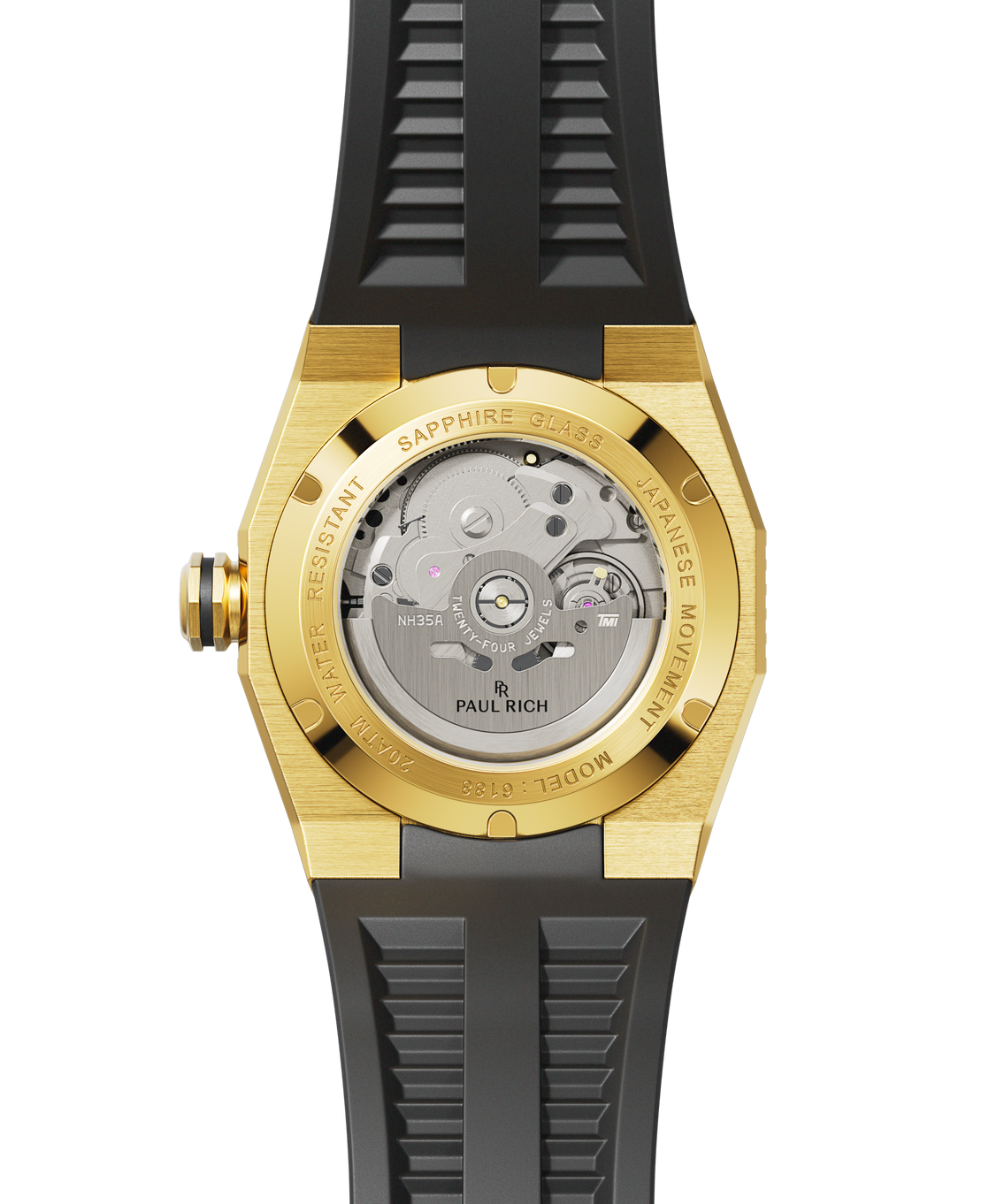 Back view of a Paul Rich dive watch with gold case, sapphire exhibition caseback revealing NH35A movement, and black strap. Back view of a Paul Rich dive watch with gold case, sapphire exhibition caseback revealing NH35A movement, and black strap.