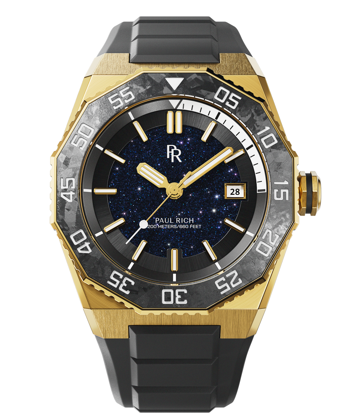 Front view of a Paul Rich dive watch with aventurine dial, gold case, white dive timer, forged carbon bezel, and black rubber strap. Front view of a Paul Rich dive watch with aventurine dial, gold case, white dive timer, forged carbon bezel, and black rubber strap.