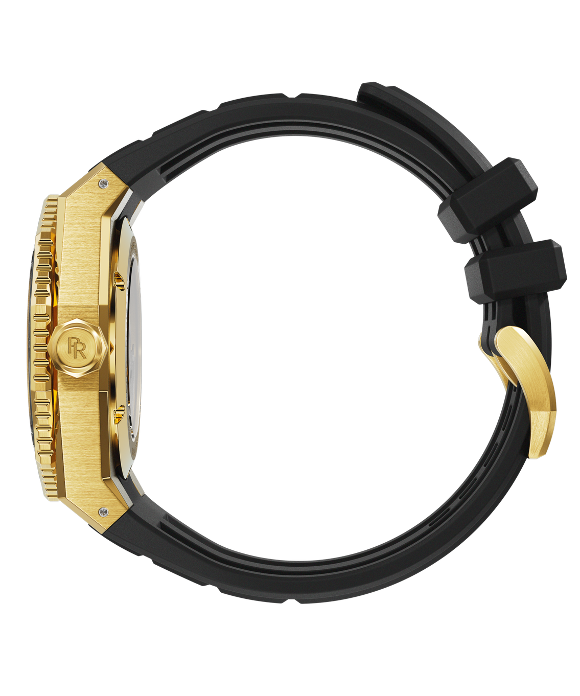 Side view of a Paul Rich dive watch with brushed gold case, signed gold crown, and curved black rubber strap with gold-tone buckle. Side view of a Paul Rich dive watch with brushed gold case, signed gold crown, and curved black rubber strap with gold-tone buckle.