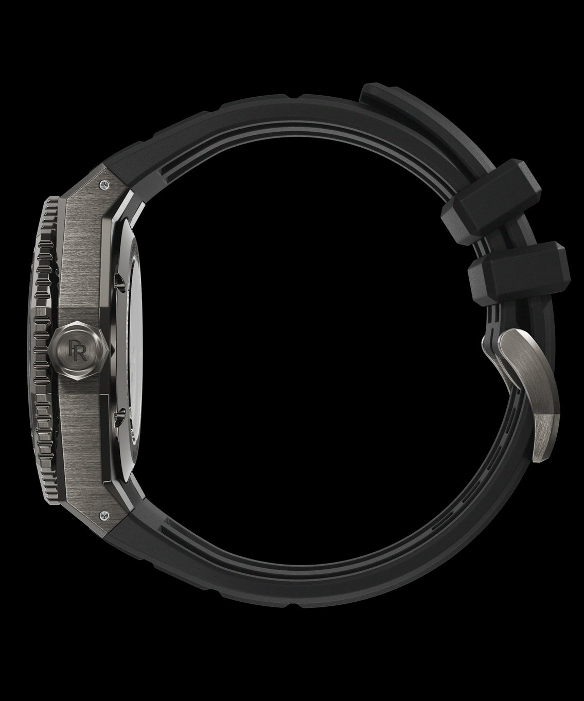 Side view of a Paul Rich dive watch with silver brushed case, signed crown, and curved black rubber strap with stainless steel buckle. Side view of a Paul Rich dive watch with silver brushed case, signed crown, and curved black rubber strap with stainless steel buckle.