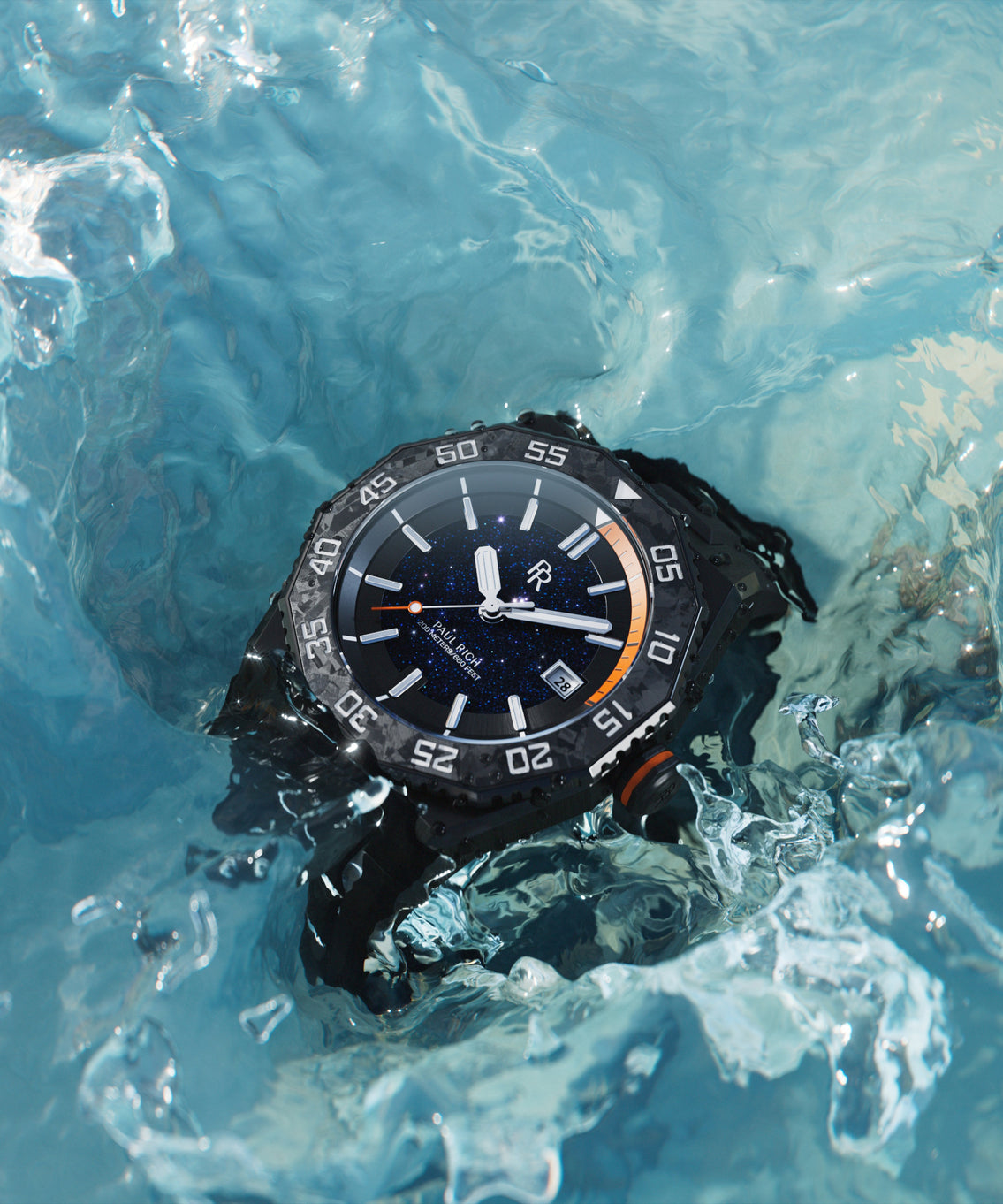 Paul Rich dive watch with aventurine dial and orange dive timer partially submerged in turquoise water, splashing around the case. Paul Rich dive watch with aventurine dial and orange dive timer partially submerged in turquoise water, splashing around the case.