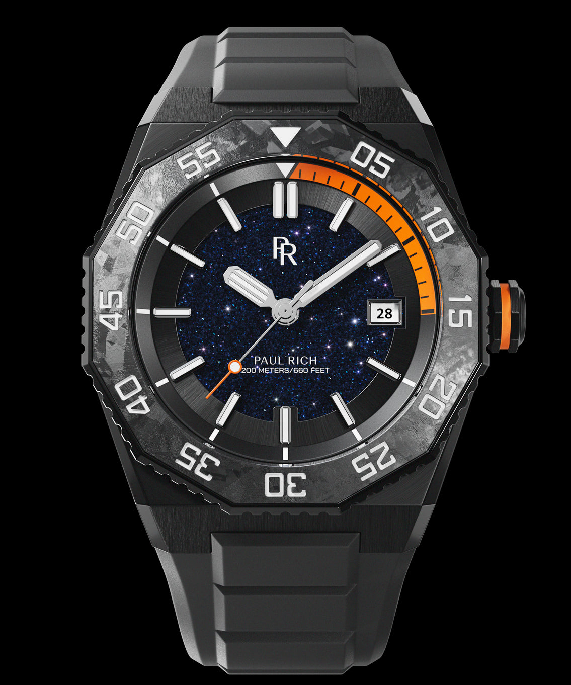 Front view of a Paul Rich dive watch with aventurine dial, orange-accented dive timer and crown ring, and forged carbon bezel. Front view of a Paul Rich dive watch with aventurine dial, orange-accented dive timer and crown ring, and forged carbon bezel.