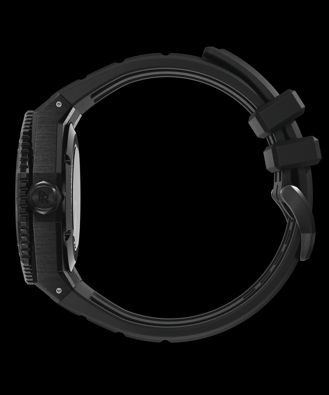 Side view of a Paul Rich dive watch with black brushed case, black signed crown, and curved black rubber strap with matte steel buckle. Side view of a Paul Rich dive watch with black brushed case, black signed crown, and curved black rubber strap with matte steel buckle.