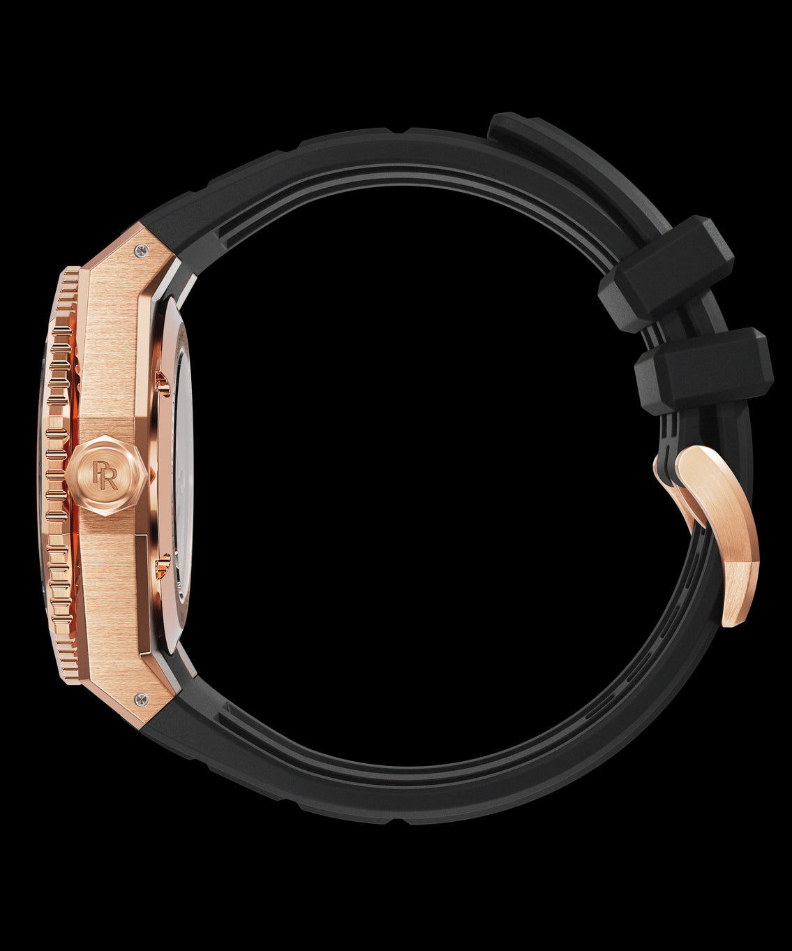 Side profile of a Paul Rich watch with a rose gold case, engraved crown, black rubber strap, and rose gold clasp. Side profile of a Paul Rich watch with a rose gold case, engraved crown, black rubber strap, and rose gold clasp.