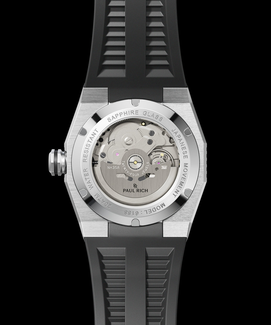 Back view of a Paul Rich dive watch with black rubber strap and sapphire caseback showing NH35A automatic movement. Back view of a Paul Rich dive watch with black rubber strap and sapphire caseback showing NH35A automatic movement.