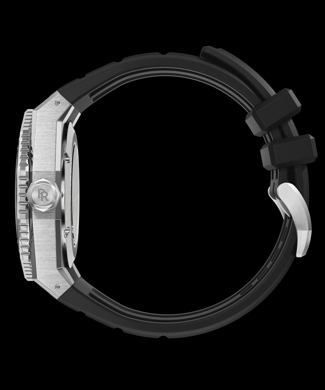 Side view of a Paul Rich dive watch with brushed case, signed crown, and curved black rubber strap with stainless steel buckle. Side view of a Paul Rich dive watch with brushed case, signed crown, and curved black rubber strap with stainless steel buckle.