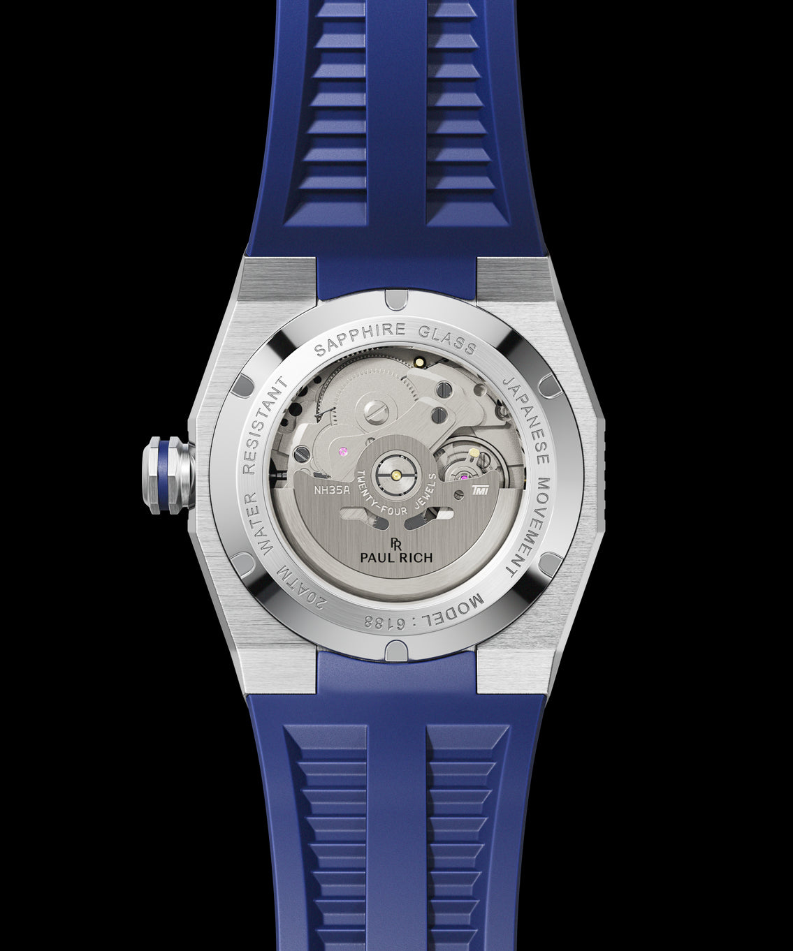 Caseback view of a diver-style watch showing automatic movement with engraved rotor, sapphire crystal, brushed steel case, and blue rubber strap. Caseback view of a diver-style watch showing automatic movement with engraved rotor, sapphire crystal, brushed steel case, and blue rubber strap.