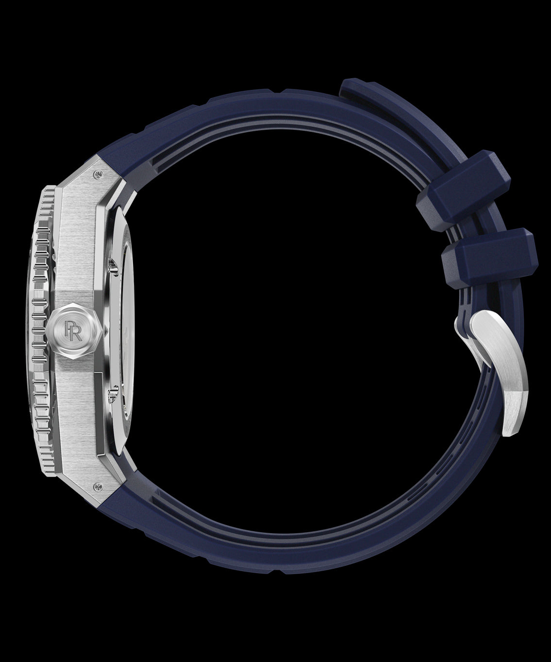 Side view of a diver-style watch with brushed steel case, engraved crown, and blue rubber strap with a metal clasp. Side view of a diver-style watch with brushed steel case, engraved crown, and blue rubber strap with a metal clasp.
