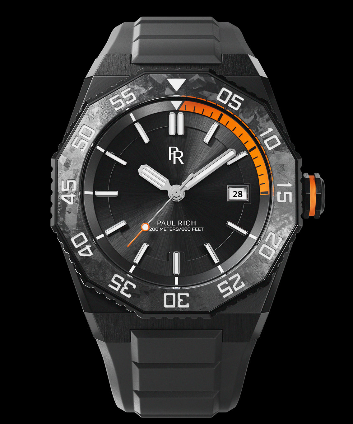 Front view of a Paul Rich dive watch with black sunray dial, orange-accented dive timer and second hand, and forged carbon bezel. Front view of a Paul Rich dive watch with black sunray dial, orange-accented dive timer and second hand, and forged carbon bezel.
