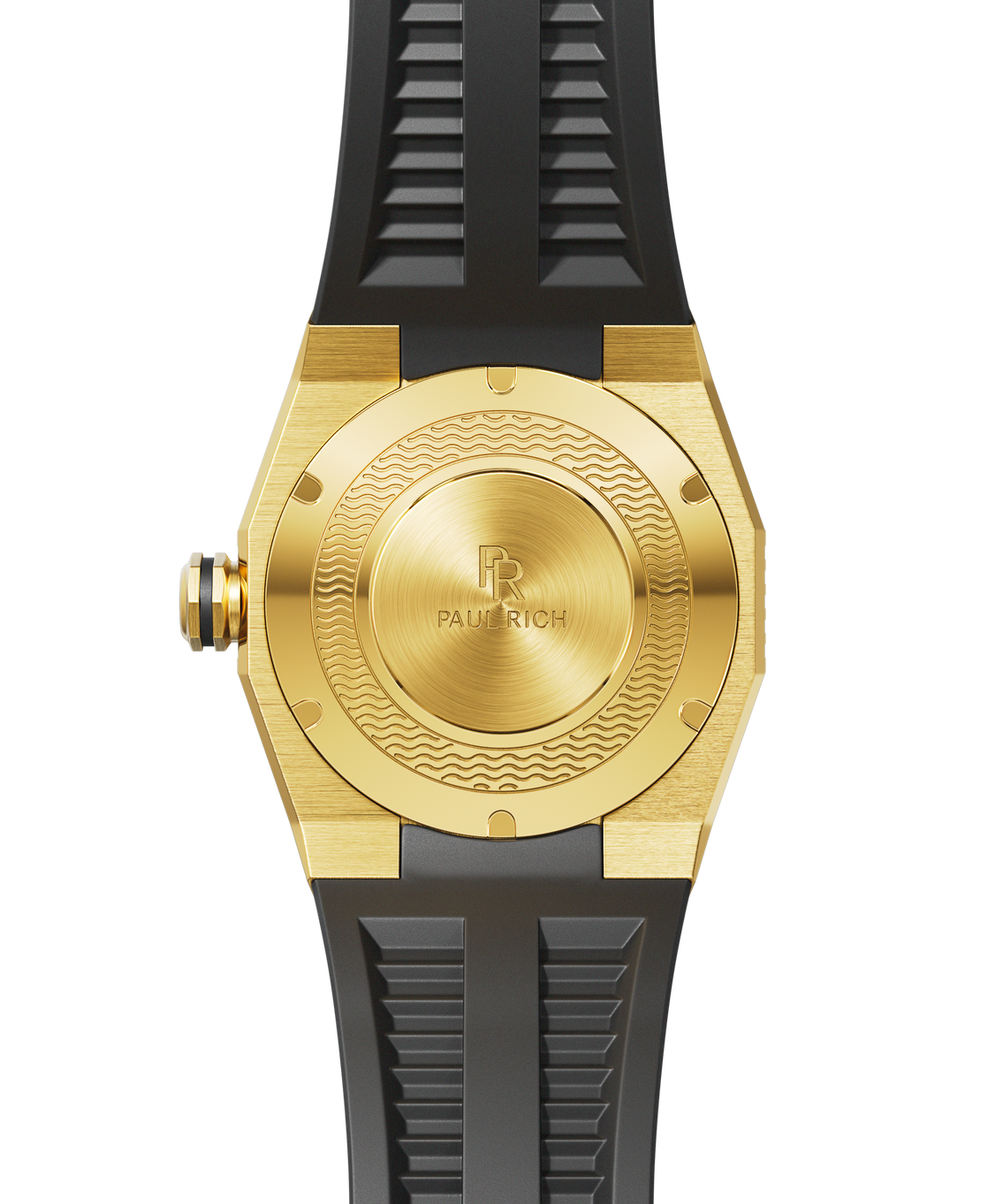 Back view of a Paul Rich dive watch with brushed gold caseback, engraved wave pattern, black rubber strap, and gold crown. Back view of a Paul Rich dive watch with brushed gold caseback, engraved wave pattern, black rubber strap, and gold crown.