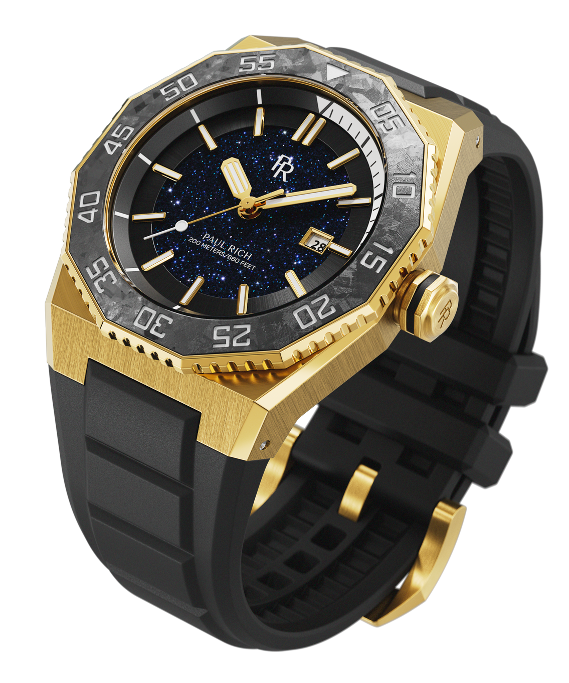 Angled view of a Paul Rich dive watch with gold case, aventurine dial, white dive timer, forged carbon bezel, and black rubber strap. Angled view of a Paul Rich dive watch with gold case, aventurine dial, white dive timer, forged carbon bezel, and black rubber strap.