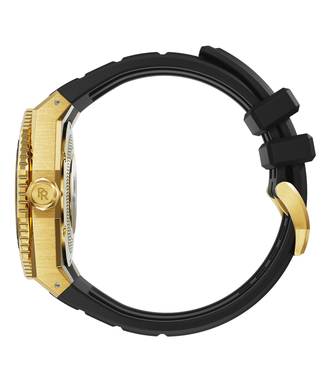 Side view of a Paul Rich dive watch with brushed gold case, signed gold crown, and curved black rubber strap with gold-tone buckle. Side view of a Paul Rich dive watch with brushed gold case, signed gold crown, and curved black rubber strap with gold-tone buckle.