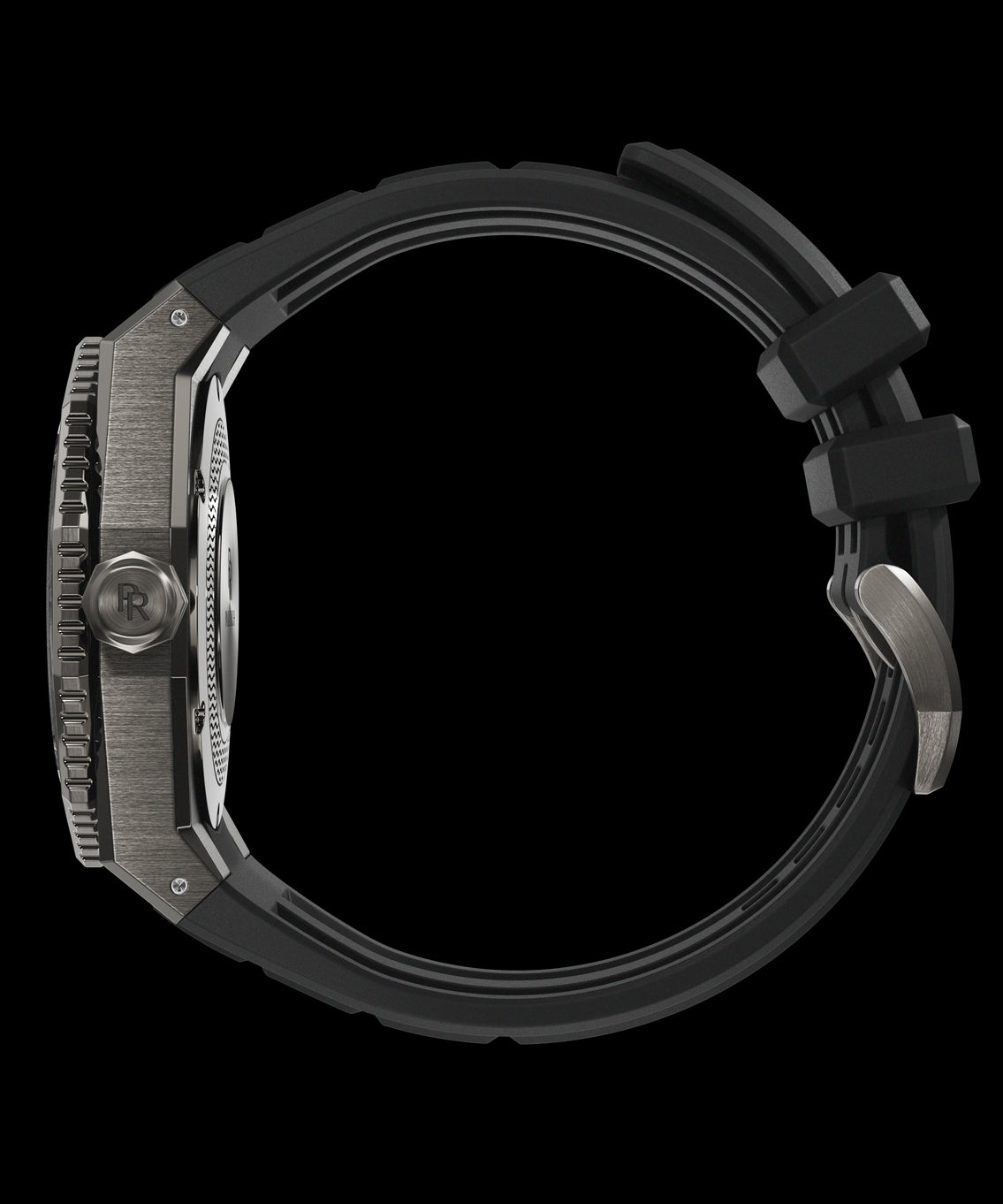 Side view of a Paul Rich dive watch with silver brushed case, signed crown, and curved black rubber strap with matte steel buckle. Side view of a Paul Rich dive watch with silver brushed case, signed crown, and curved black rubber strap with matte steel buckle.