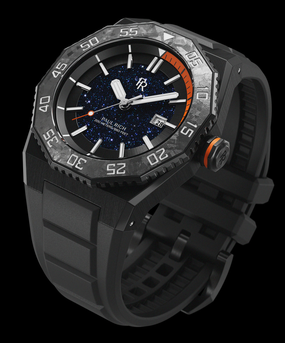 Angled view of a Paul Rich dive watch with aventurine dial, orange-accented dive timer, forged carbon bezel, and black rubber strap. Angled view of a Paul Rich dive watch with aventurine dial, orange-accented dive timer, forged carbon bezel, and black rubber strap.