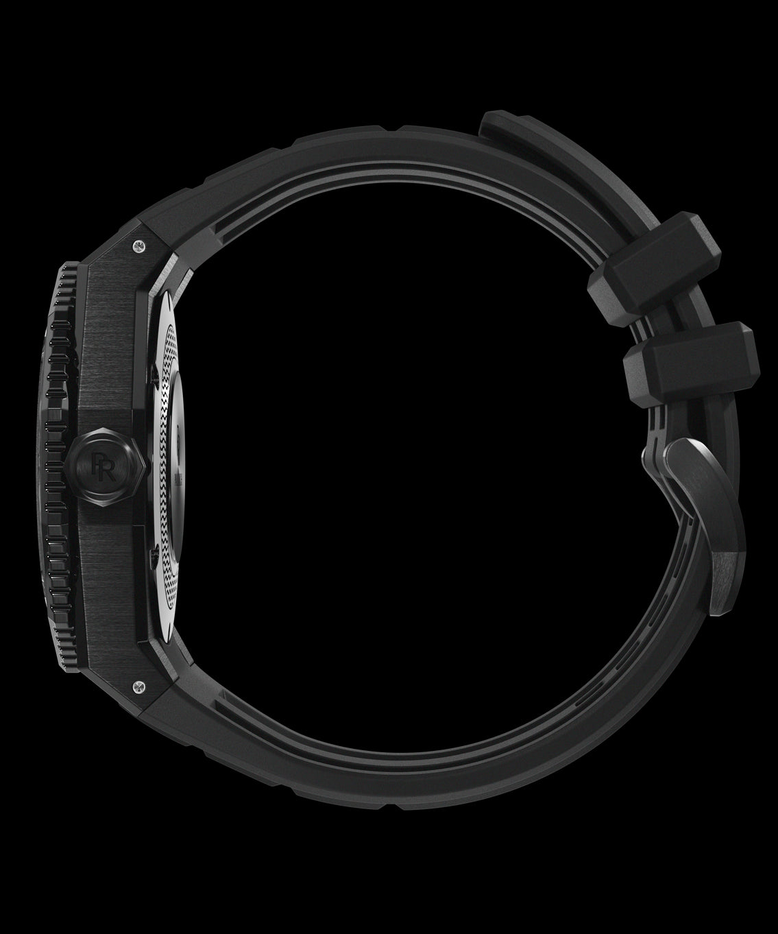 Side view of a Paul Rich dive watch with black brushed case, black signed crown, and curved black rubber strap with matte steel buckle. Side view of a Paul Rich dive watch with black brushed case, black signed crown, and curved black rubber strap with matte steel buckle.