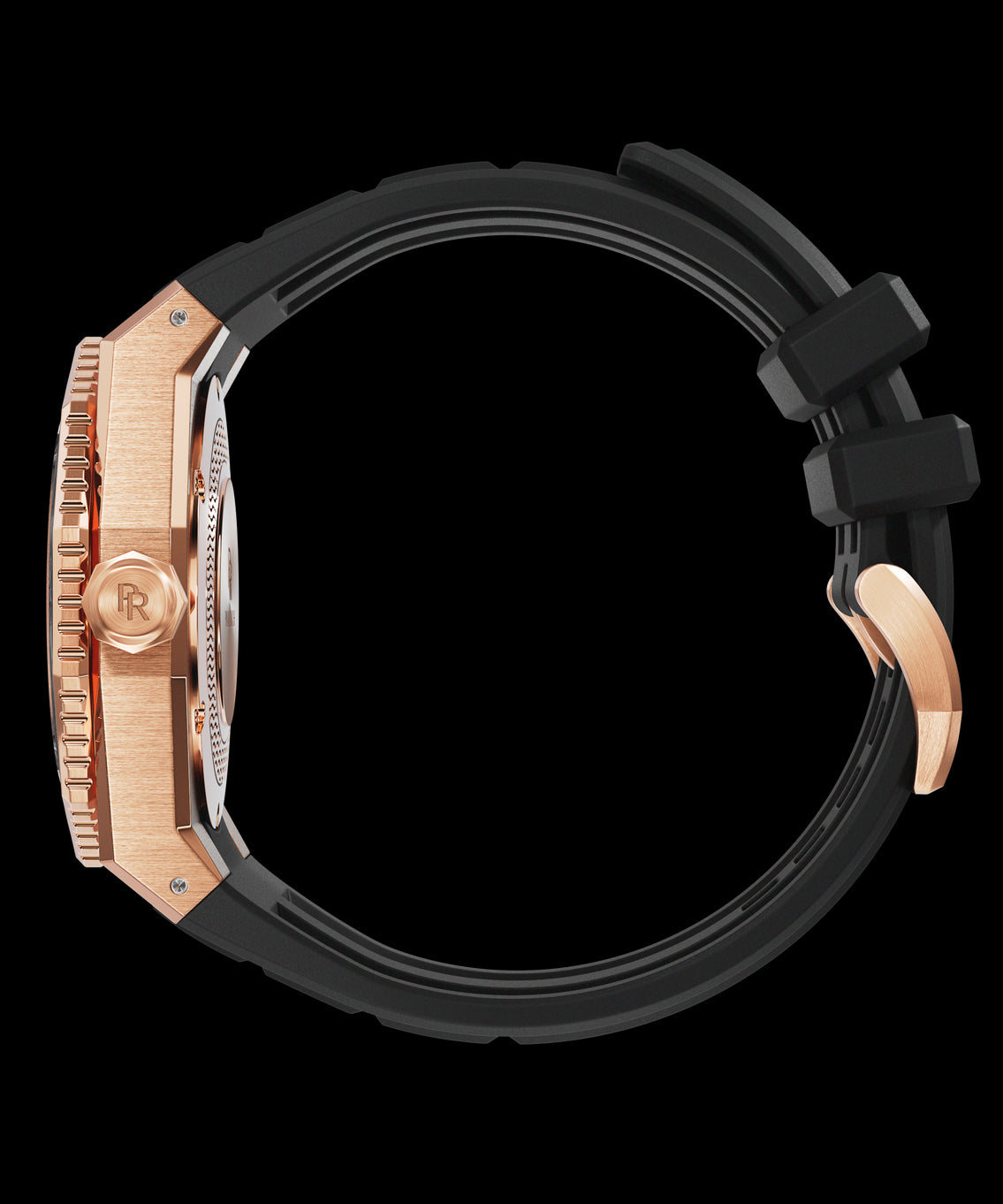 Side profile of a Paul Rich watch with a rose gold case, engraved crown, black rubber strap, and rose gold clasp. Side profile of a Paul Rich watch with a rose gold case, engraved crown, black rubber strap, and rose gold clasp.