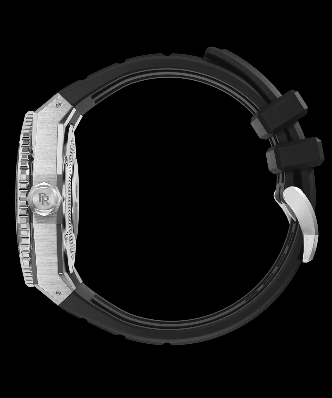 Side view of a Paul Rich dive watch with brushed case, signed crown, and curved black rubber strap with stainless steel buckle. Side view of a Paul Rich dive watch with brushed case, signed crown, and curved black rubber strap with stainless steel buckle.
