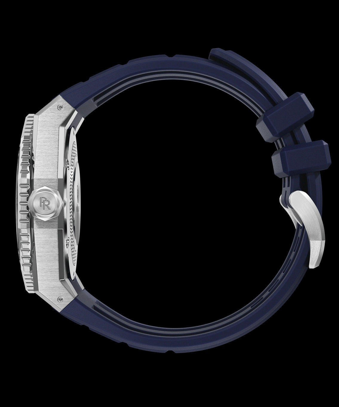 Side view of a diver-style watch with brushed steel case, engraved crown, and blue rubber strap with a metal clasp. Side view of a diver-style watch with brushed steel case, engraved crown, and blue rubber strap with a metal clasp.