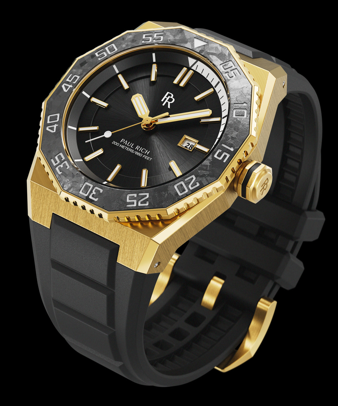 Angled view of a Paul Rich dive watch with gold case, black sunray dial, white dive timer, forged carbon bezel, and black rubber strap. Angled view of a Paul Rich dive watch with gold case, black sunray dial, white dive timer, forged carbon bezel, and black rubber strap.