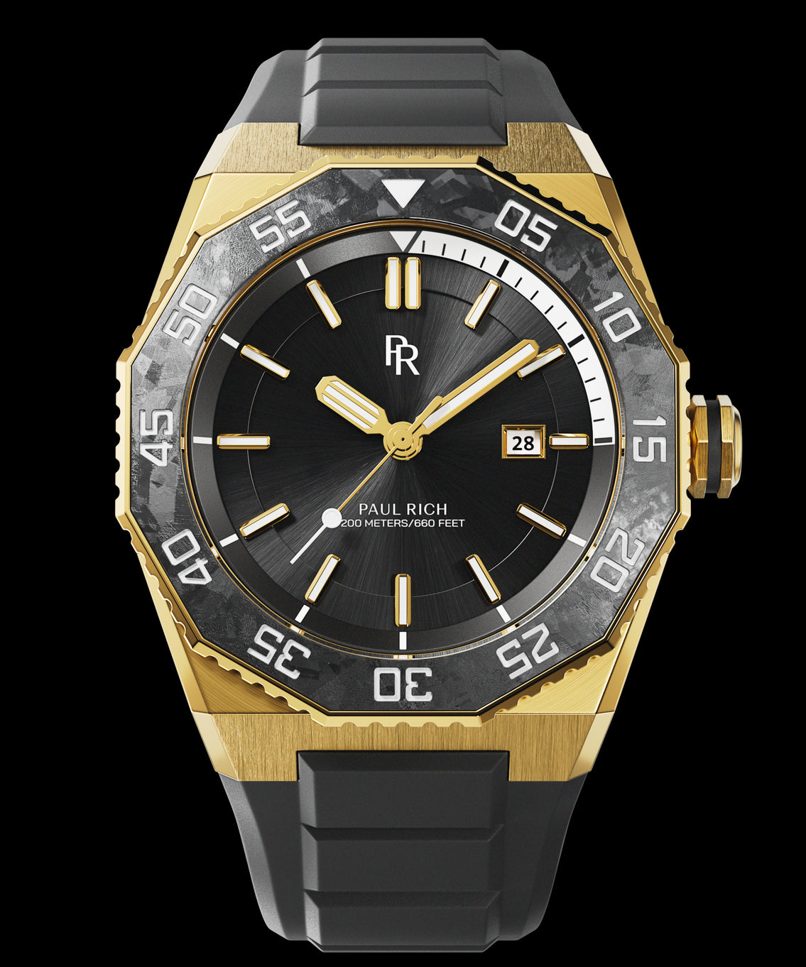 Front view of a Paul Rich dive watch with black sunray dial, gold case, white dive timer, forged carbon bezel, and black rubber strap. Front view of a Paul Rich dive watch with black sunray dial, gold case, white dive timer, forged carbon bezel, and black rubber strap.