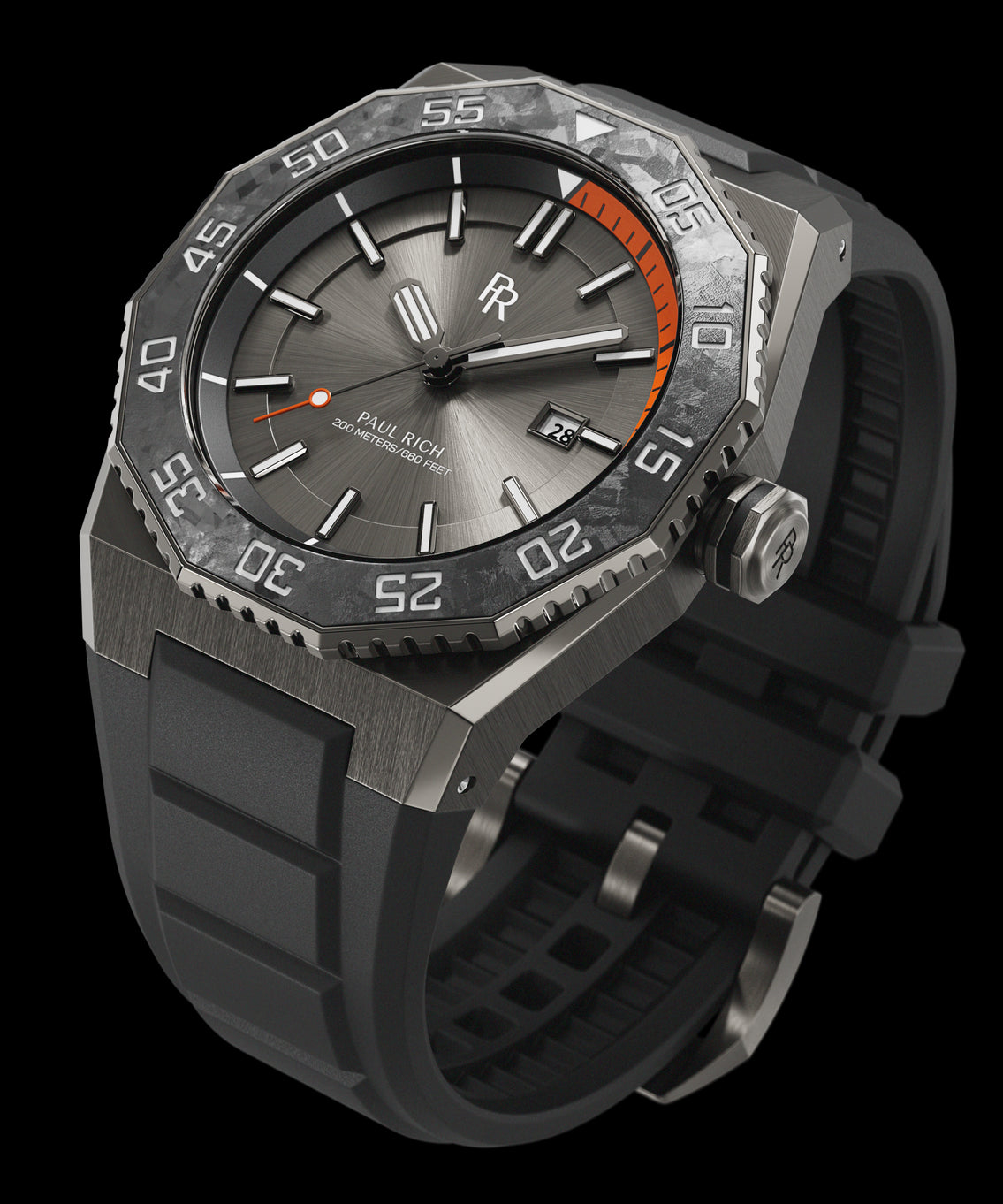 Front view of a Paul Rich dive watch with silver sunray dial, orange-accented dive timer, forged carbon bezel, and black rubber strap. Front view of a Paul Rich dive watch with silver sunray dial, orange-accented dive timer, forged carbon bezel, and black rubber strap.