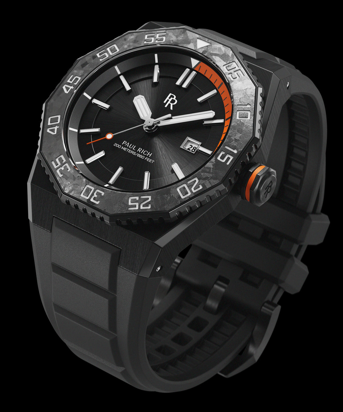 Angled view of a Paul Rich dive watch with black sunray dial, orange-accented dive timer and crown ring, forged carbon bezel, black strap. Angled view of a Paul Rich dive watch with black sunray dial, orange-accented dive timer and crown ring, forged carbon bezel, black strap.