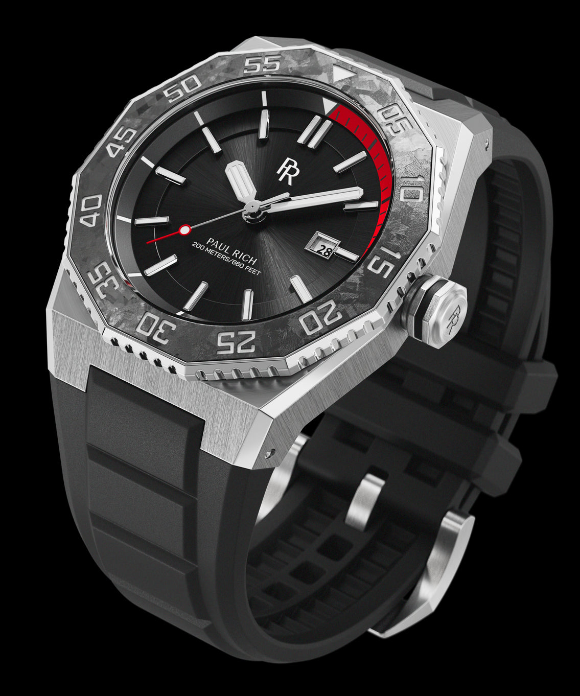 Angled view of a Paul Rich dive watch with black sunray dial, red-accented dive timer, forged carbon bezel, and black rubber strap Angled view of a Paul Rich dive watch with black sunray dial, red-accented dive timer, forged carbon bezel, and black rubber strap