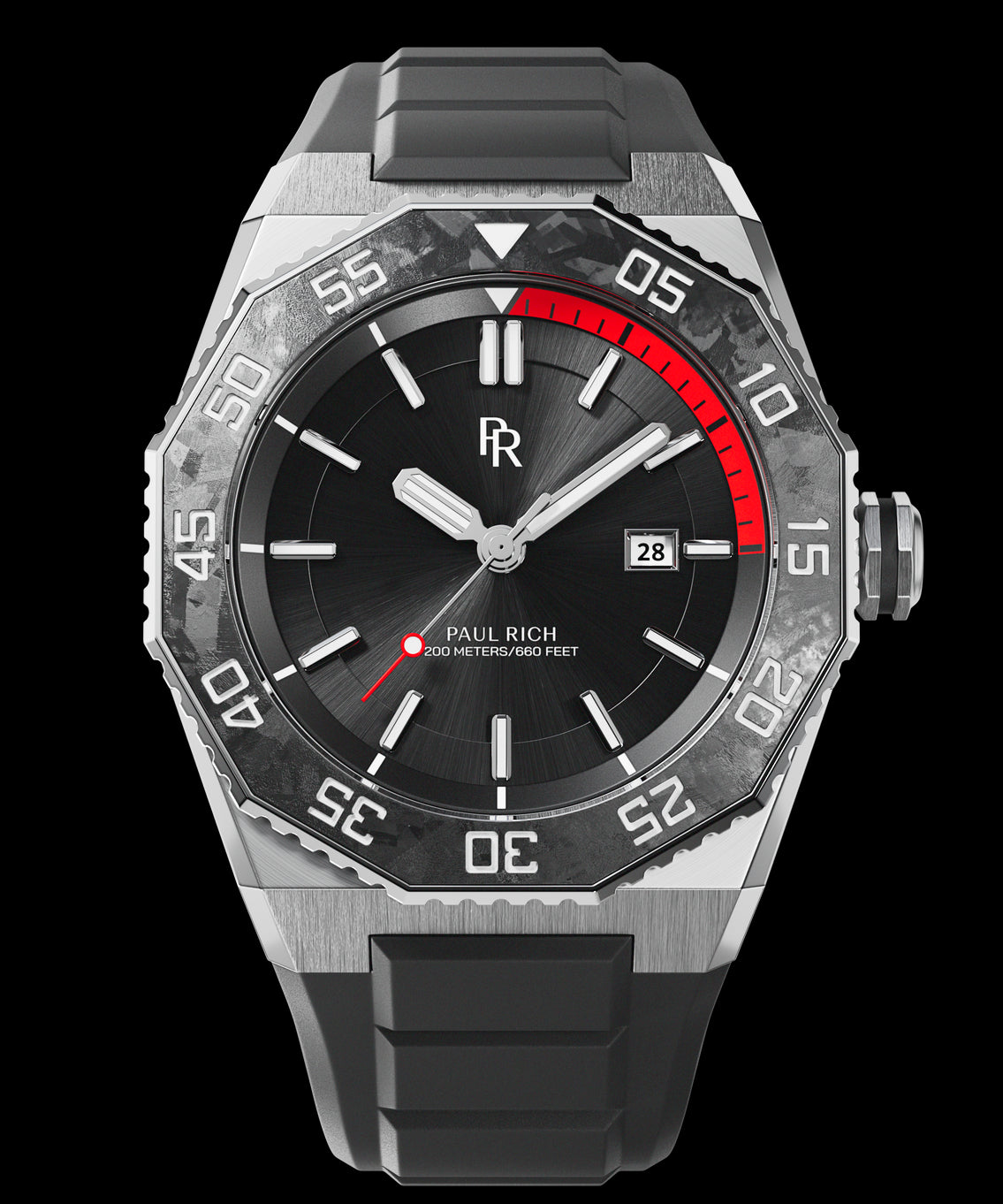 Front view of a Paul Rich dive watch with black sunray dial, red-accented dive timer, forged carbon bezel, and black rubber strap. Front view of a Paul Rich dive watch with black sunray dial, red-accented dive timer, forged carbon bezel, and black rubber strap.