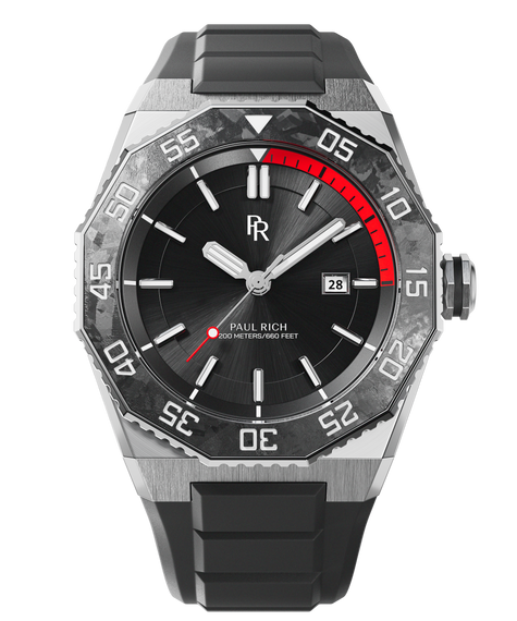 Aquacarbon Pro Midnight Silver - Sunburst Front view of a Paul Rich dive watch with black sunray dial, red-accented dive timer, forged carbon bezel, and black rubber strap.