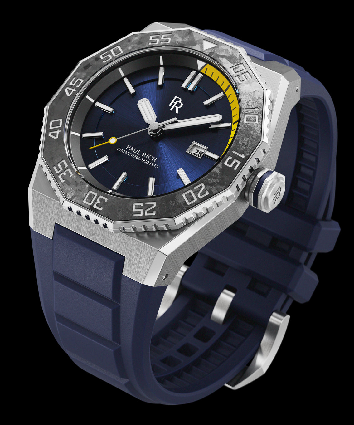 Angled view of a diver-style watch with brushed steel case, carbon bezel, blue sunburst dial, yellow depth gauge, and blue rubber strap. Angled view of a diver-style watch with brushed steel case, carbon bezel, blue sunburst dial, yellow depth gauge, and blue rubber strap.