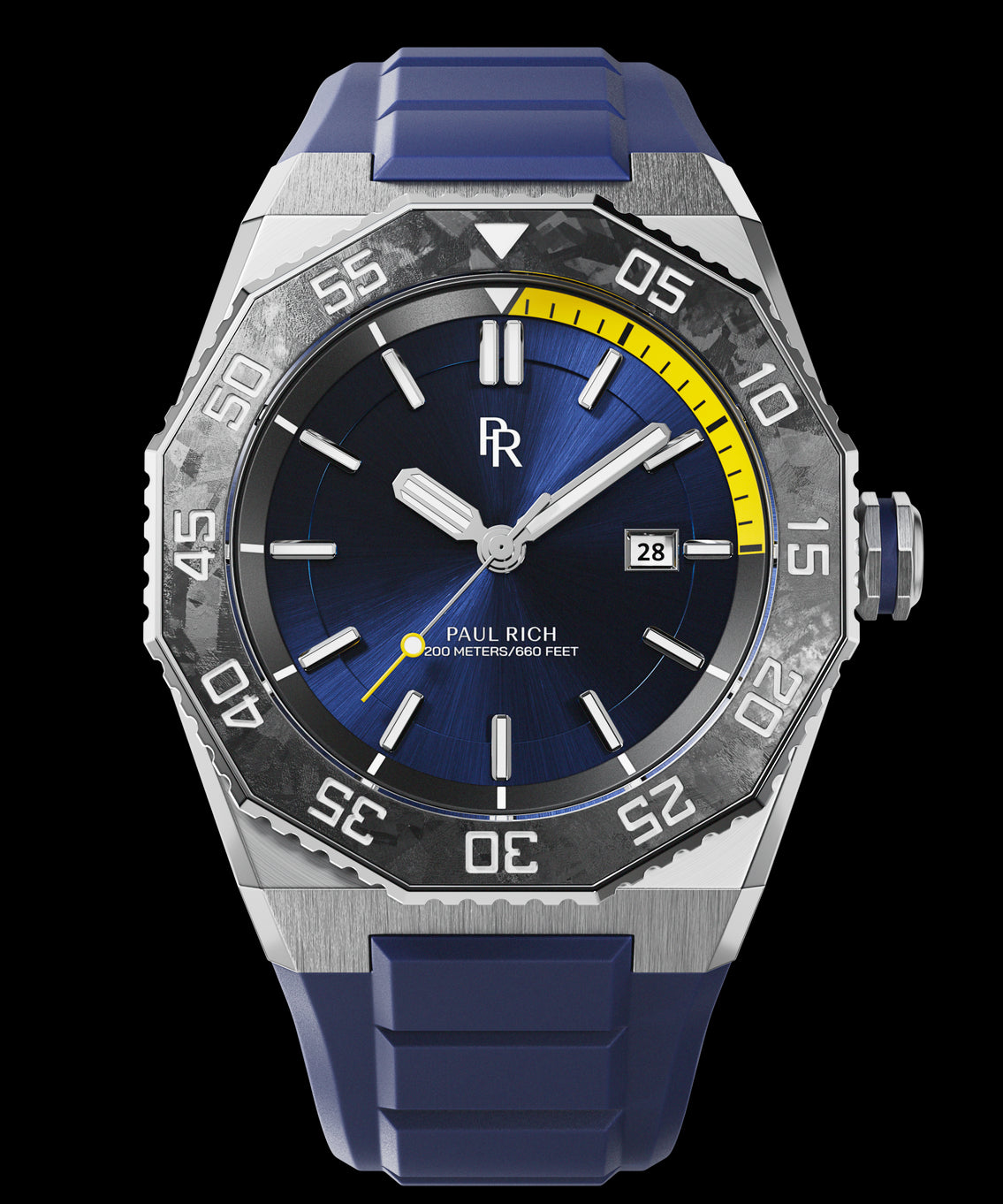 Diver-style watch with brushed steel case, carbon bezel, blue dial, yellow depth gauge segment, date window, and blue rubber strap. Diver-style watch with brushed steel case, carbon bezel, blue dial, yellow depth gauge segment, date window, and blue rubber strap.